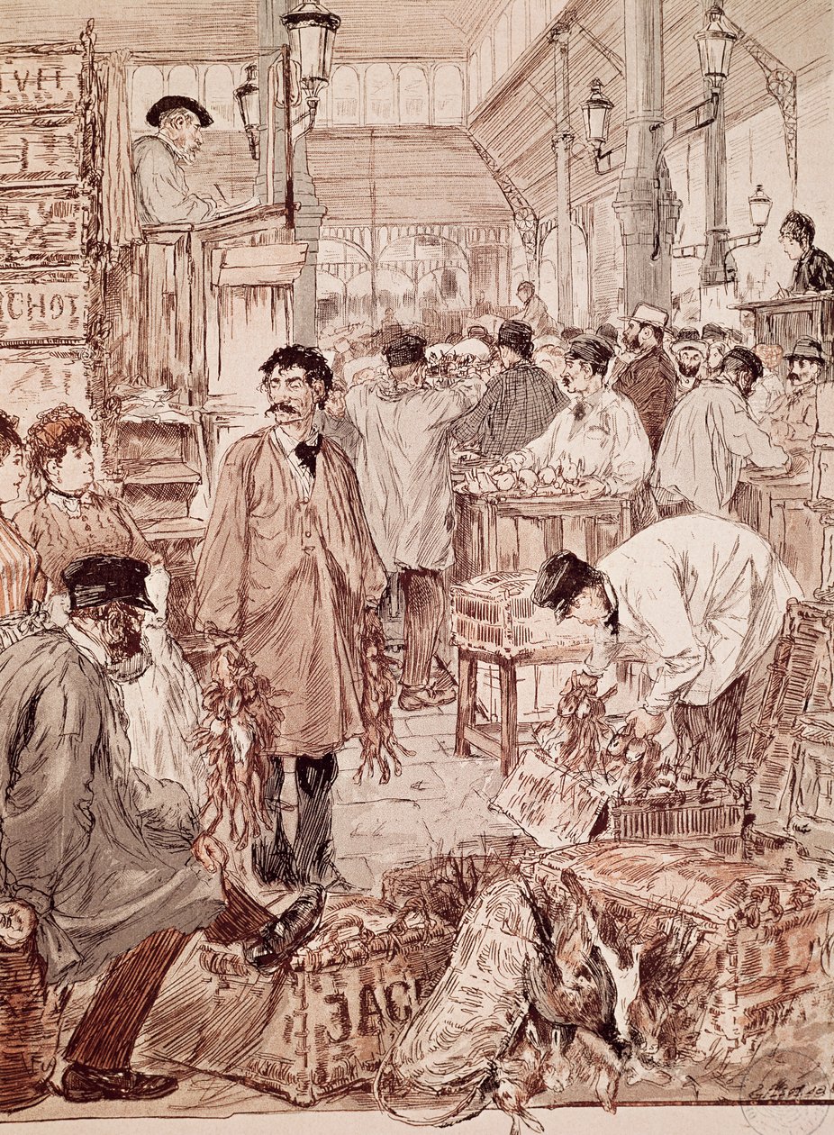 Aukcja dziczyzny w Les Halles, ilustracja, Paryż, Francja autorstwa French School