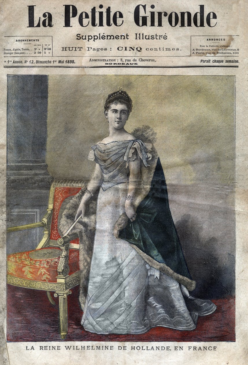 Wilhelmina Orańska (1880-1962), królowa Holandii od 1890 do 1948, córka Wilhelma III, abdykowała na rzecz córki Juliany. Okładka „La petite Gironde” z maja 1898 (rycina) autorstwa French School