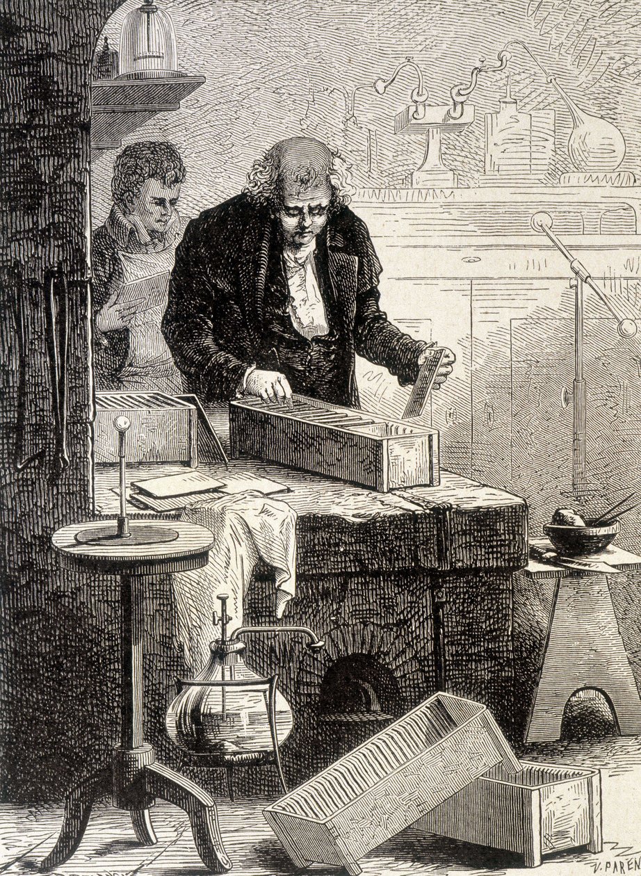 William Cruickshank zbudował stos koryt - w „Albumie nauki”; wybitni uczeni; Wielkie odkrycia”” 1896. autorstwa French School