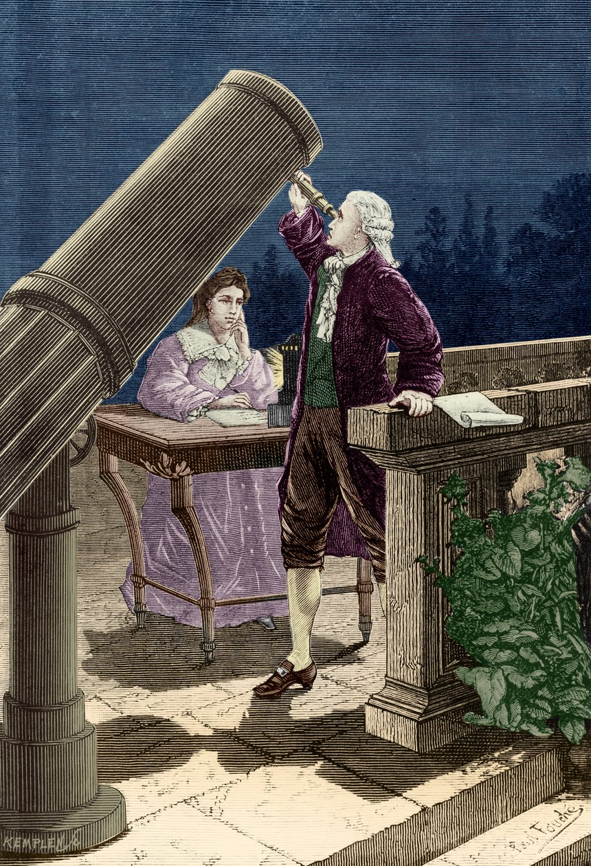 William Herschel (1738-1822) odkrywa planetę Uran (rycina) autorstwa French School