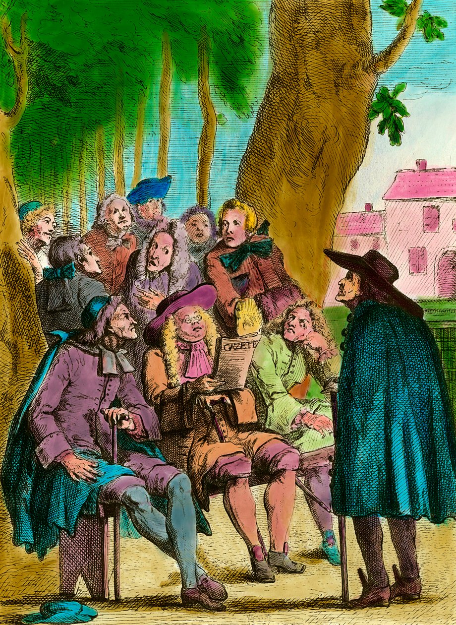 Politycy wiatru czytający „Gazetę” pod krakowskim drzewem w ogrodach Luksemburga pod koniec Ancien Regime w Paryżu. Rycina z XVIII wieku. Prywatna kolekcja autorstwa French School