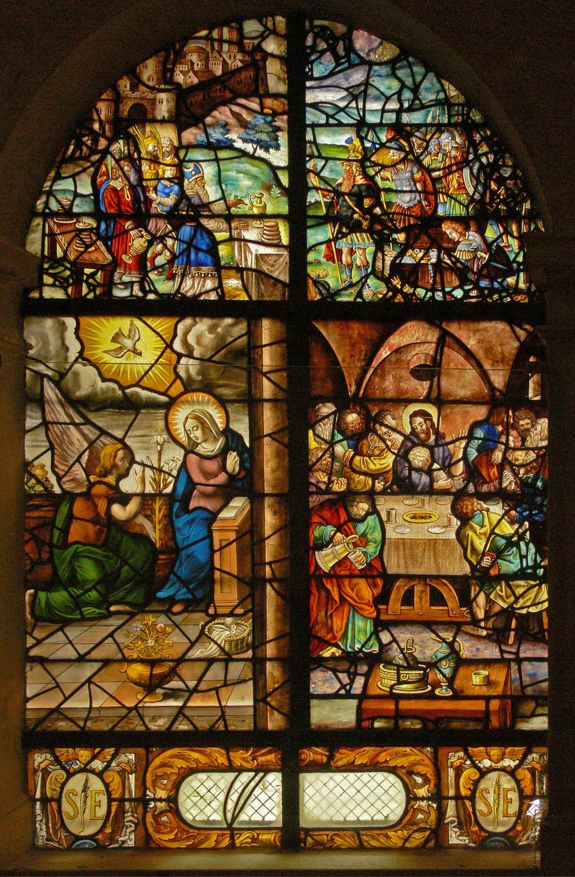 Okno Charnier-12 przedstawiające Melchizedeka, Zwiastowanie, Ostatnią Wieczerzę autorstwa French School
