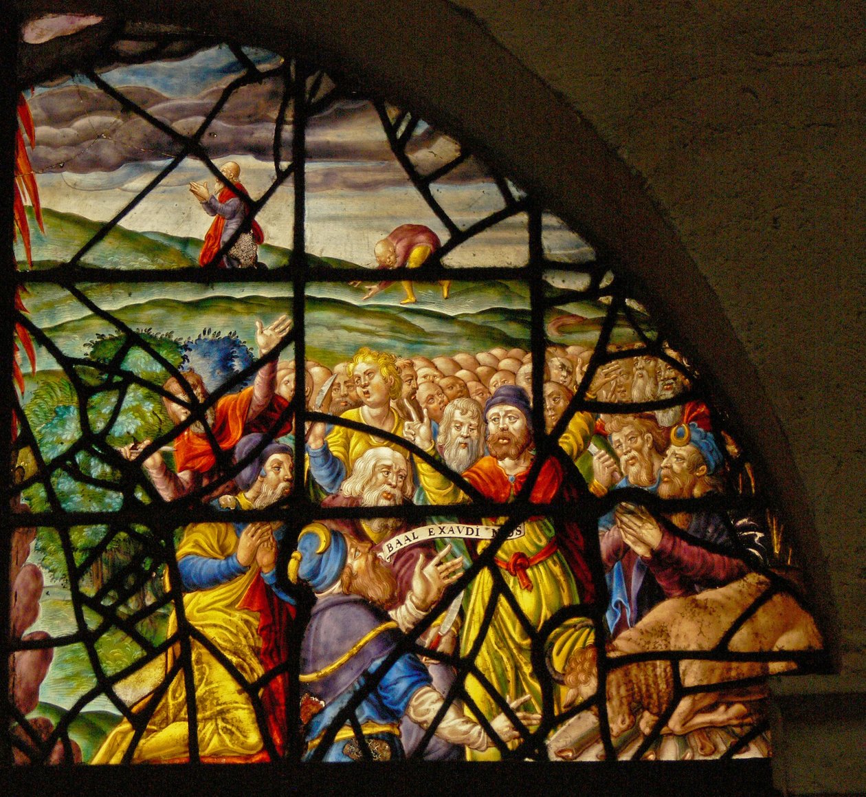 Okno Charnier-8 przedstawiające ofiarę Eliasza; kapłani Baala autorstwa French School