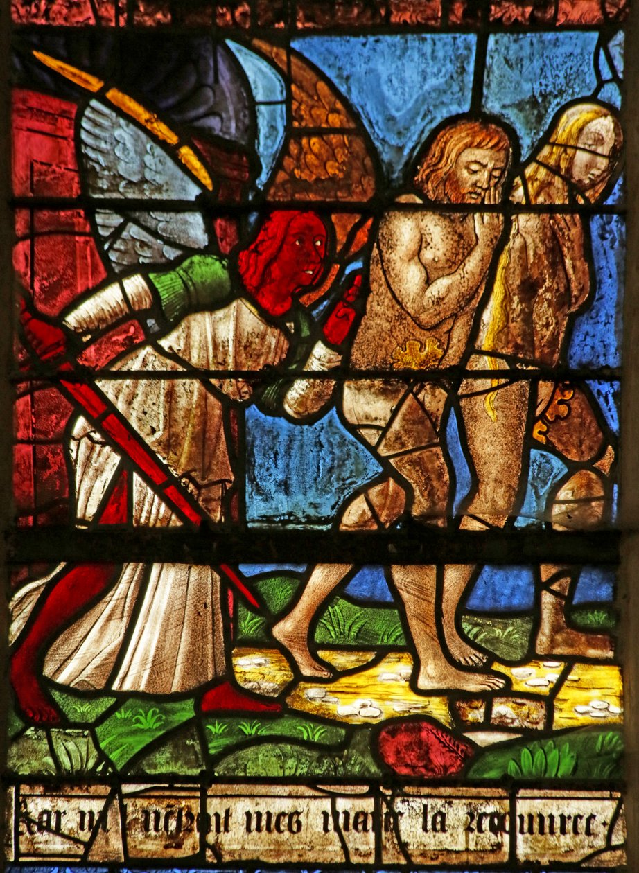 Okno przedstawiające Adama i Ewę wydalonych z Edenu (witraż) autorstwa French School