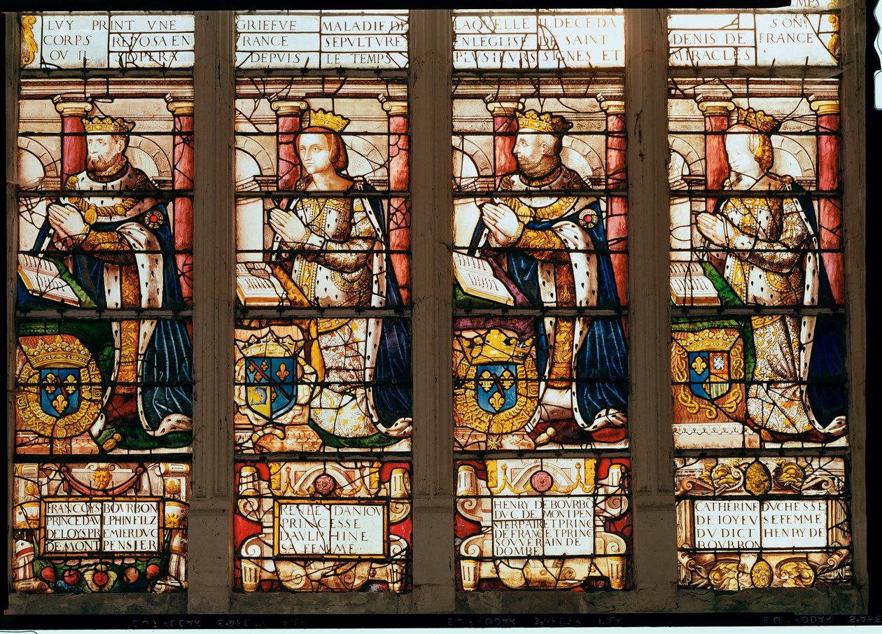 Okno przedstawiające Francois de Bourbon (1539-92) księcia Delfina, Rene dAnjou (1550-74) księżna de Montpensier, Henri de Bourbon (1573-1608) księcia de Montpensier i Catherine de Joyeuse, księżna de Guis autorstwa French School