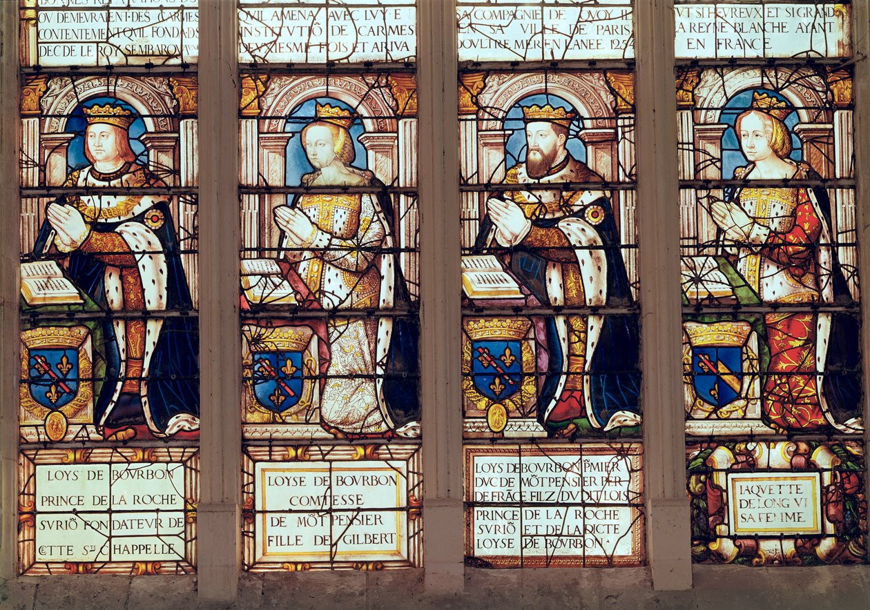 Okno przedstawiające Ludwika de Bourbon (1465-1520) księcia La Roche-sur-Yon, Ludwikę de Bourbon (zm.1561) hrabinę de Montpensier, Ludwika II de Bourbon (1513-82) księcia de Montpensier i Jacquette de Longwy ( autorstwa French School