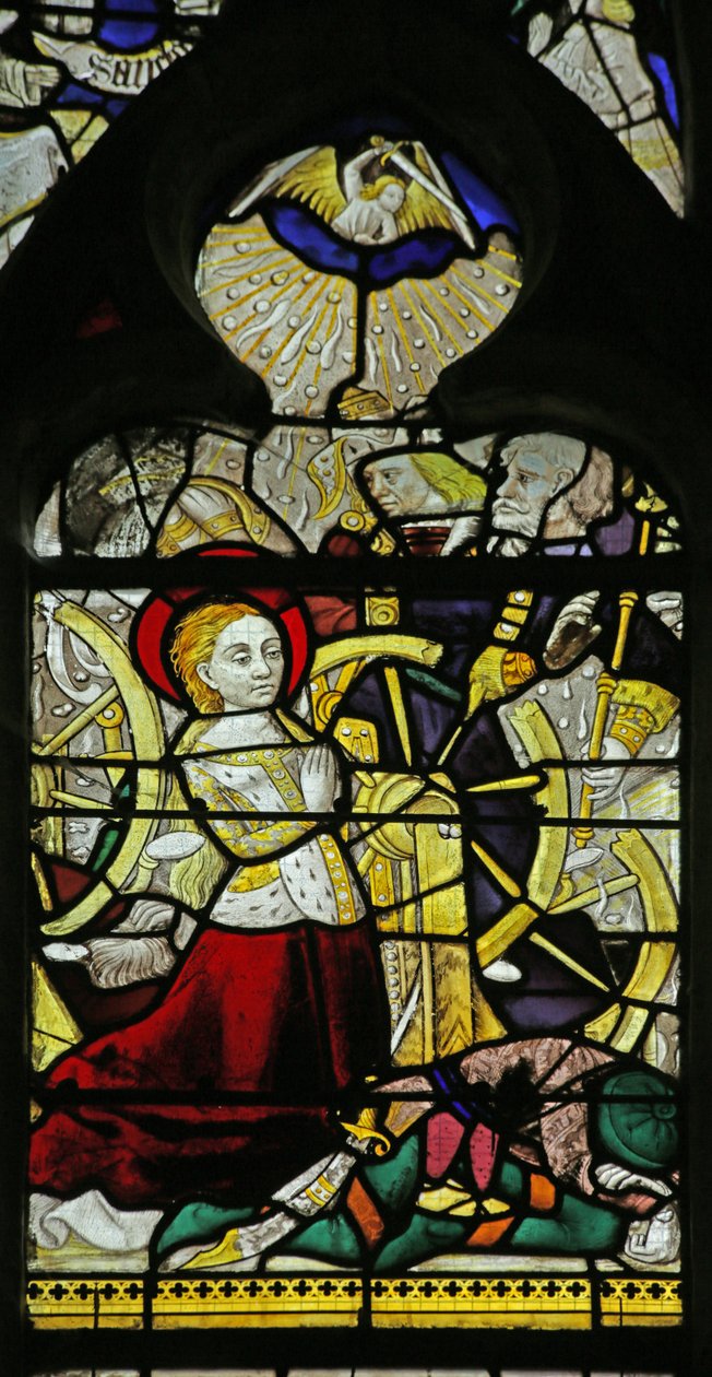Okno przedstawiające modlącą się św Katarzynę i Anioły łamiące koło rzucającymi kamieniami, 1460-70 autorstwa French School