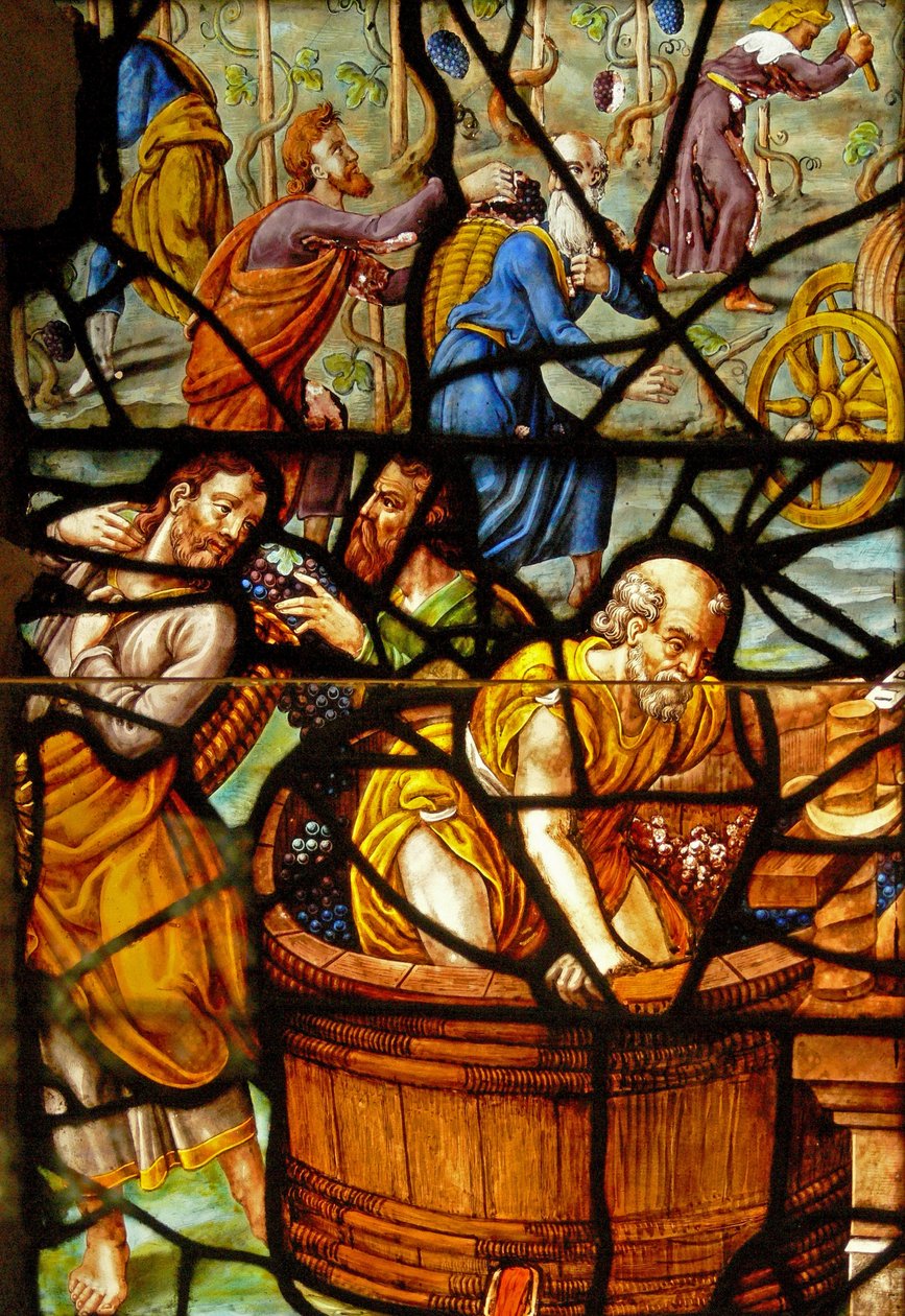 Okno w Charnier (w.11) przedstawiające szczegół z Mystic Wine Press autorstwa French School