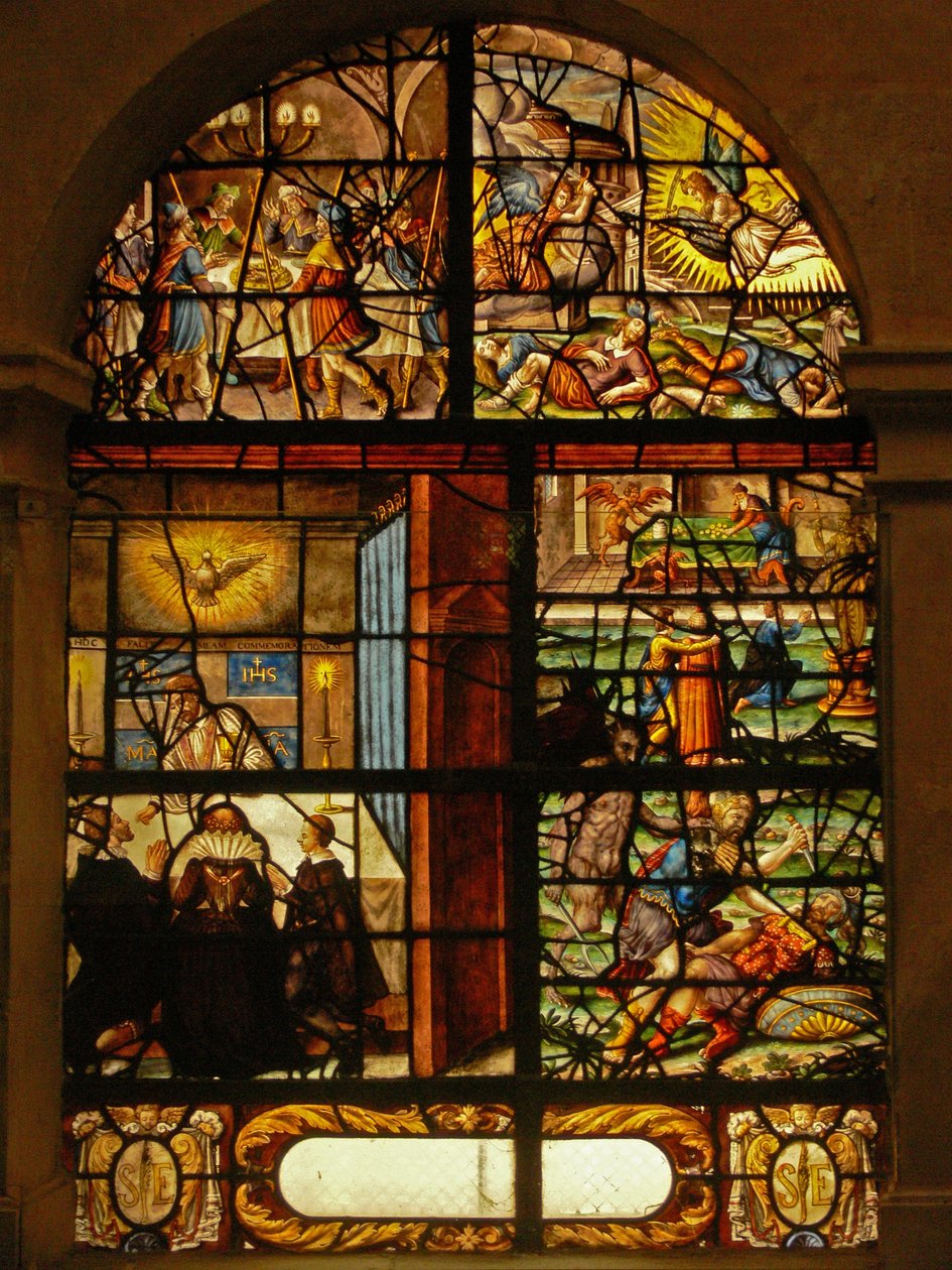 Okno w Charnier (w.6) przedstawiające Paschę, Wielkanoc i grzechy autorstwa French School