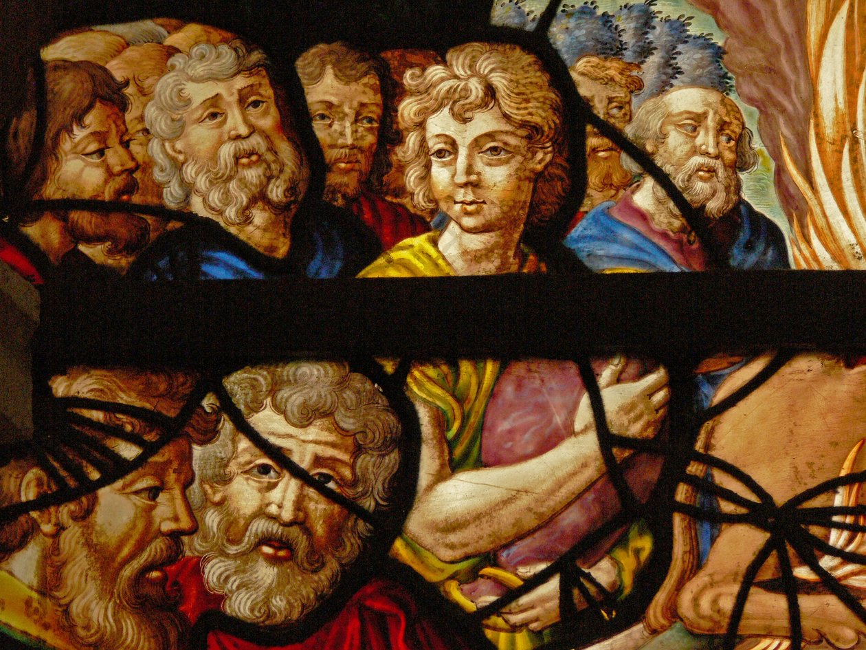 Okno w Charnier (w.8) przedstawiające szczegół z ofiary Eliasza; kapłani Baala autorstwa French School