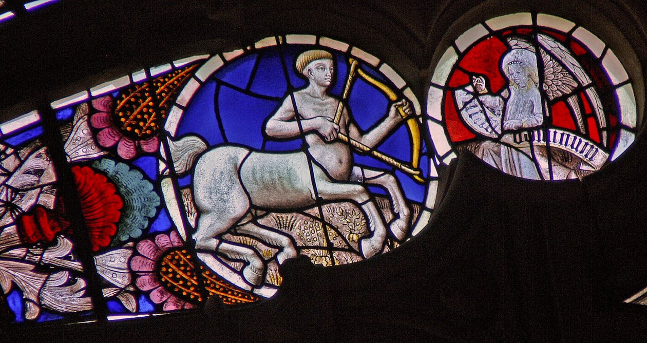 Okno w114 przedstawiające znak zodiaku Strzelec autorstwa French School