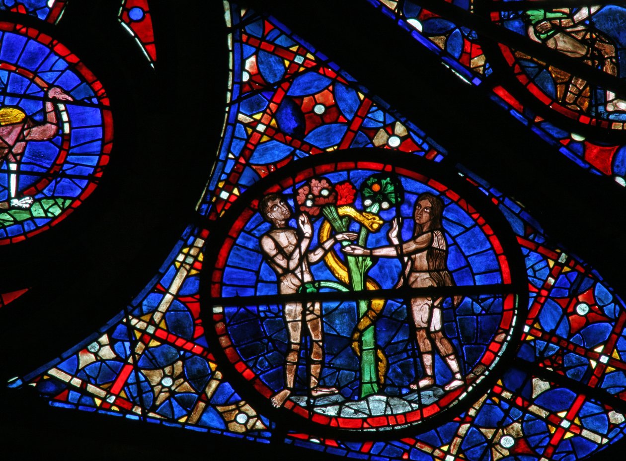 Okno w115 przedstawiające historię Adama i Ewy: Wąż zwodzi autorstwa French School