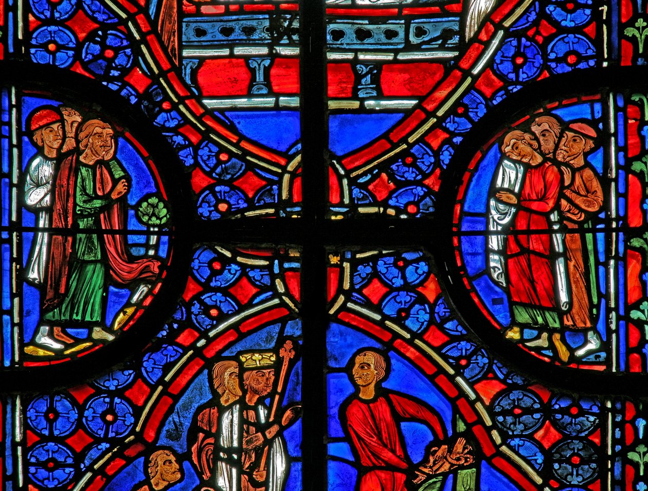 Okno w11 przedstawiające przechodniów podczas pochówku St Andrews autorstwa French School