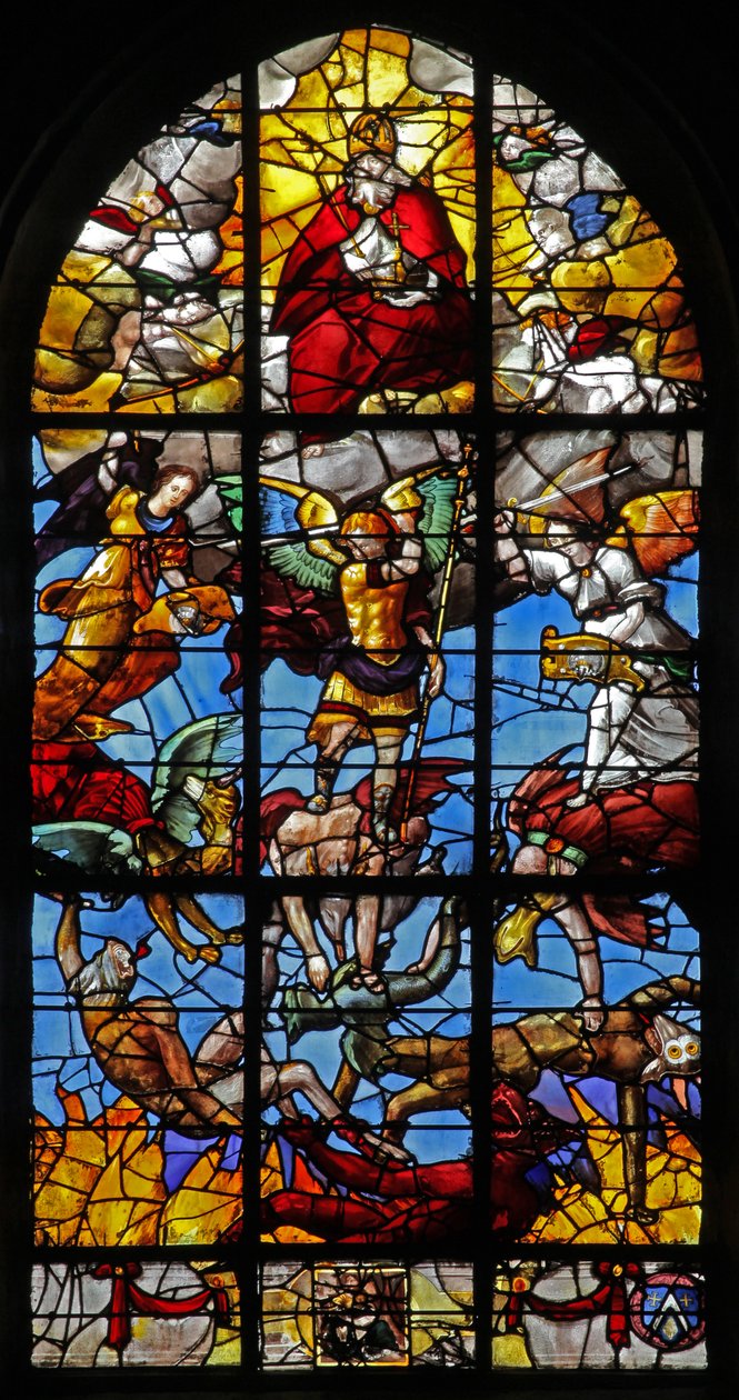 Okno w12 przedstawiające św. Michała i zbuntowanych aniołów autorstwa French School