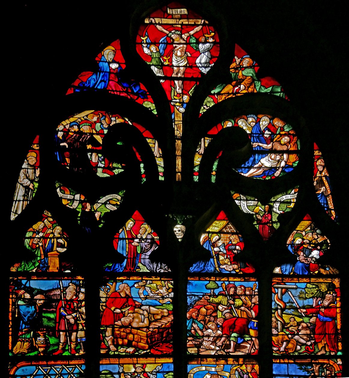 Okno w1 przedstawiające Ukrzyżowanie z Maryją i Janem, Via Crucis, Złożenie autorstwa French School