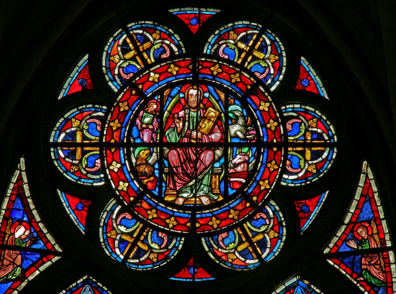 Okno w200 przedstawiające rozetę: Chrystus w otoczeniu symboli ewangelickich autorstwa French School
