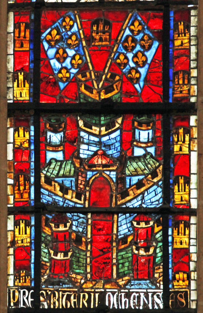 Okno w205 przedstawiające zamek i flagi z fleur-de-lis autorstwa French School