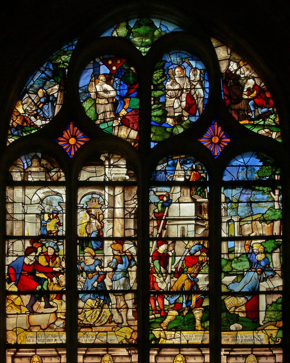 Okno w21 przedstawiające sceny z życia św. Barbary autorstwa French School