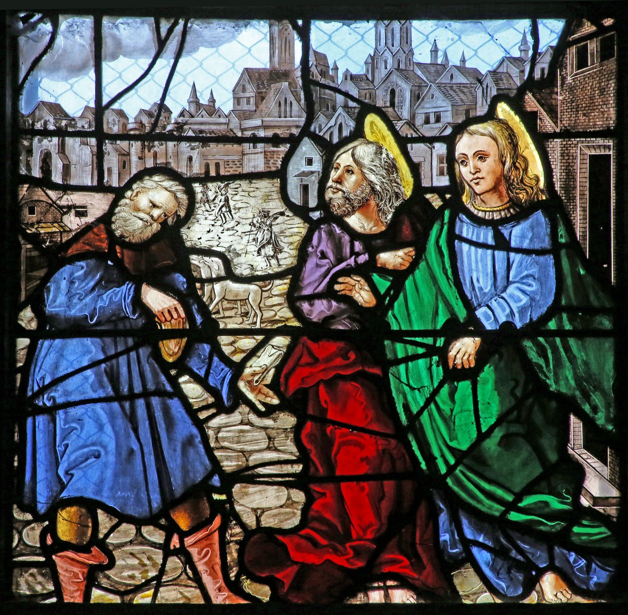 Okno w24 przedstawiające Dwóch Apostołów dających pieniądze mężczyźnie (LAumone de St Thomas?) autorstwa French School