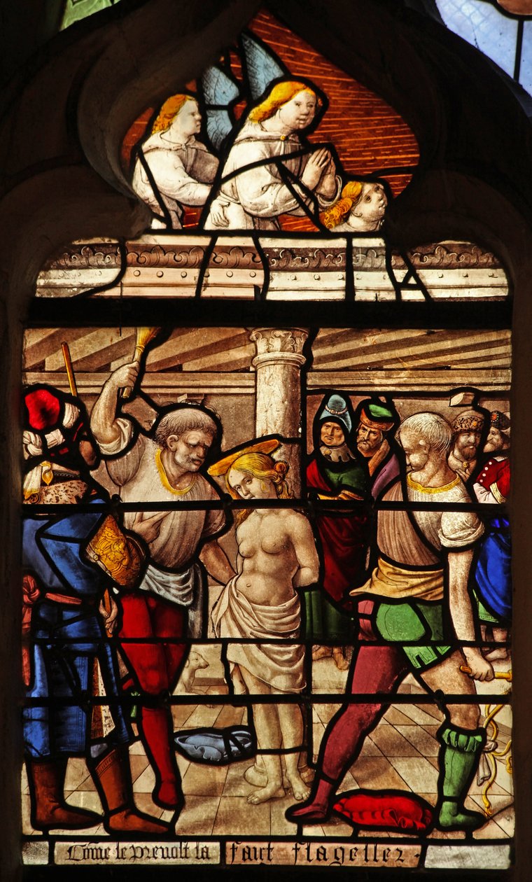 Okno w29 przedstawiające pobicie św. Barbary autorstwa French School