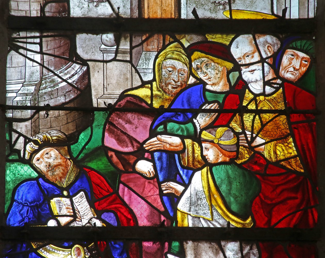 Okno w2 przedstawiające św. Piotra z Szymonem Magiem, który rwie swoje księgi autorstwa French School