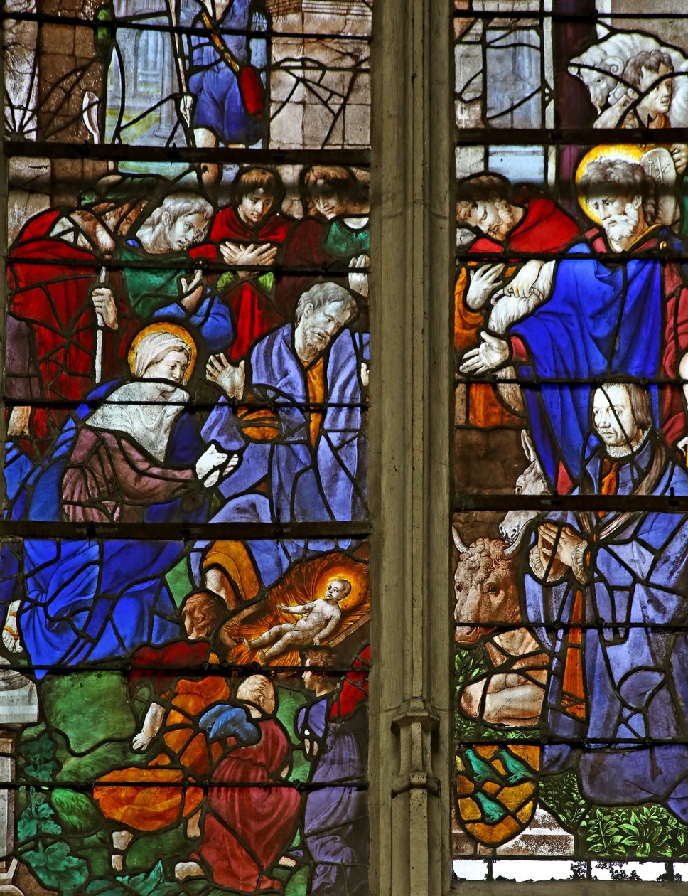 okno w9 przedstawiające Pokłon pasterzy; darczyńca, Baurot i St Roche autorstwa French School