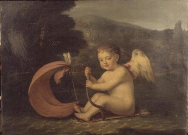 Skrzydlaty Kupidyn, płynący łodzią z kołczanem i masztem strzałowym, ok. 1800 autorstwa French School