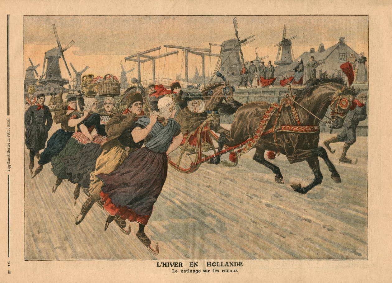 Zima w Holandii, jazda na łyżwach po kanale, ilustracja z „Le Petit Journal”, dodatek illustre, 13 stycznia 1907 (kolor litho) autorstwa French School