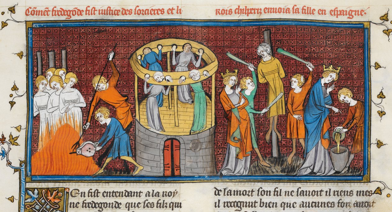 Spalone czarownice, z Les Grandes Chroniques de France, MS Royal 16 G VI f. 64 autorstwa French School