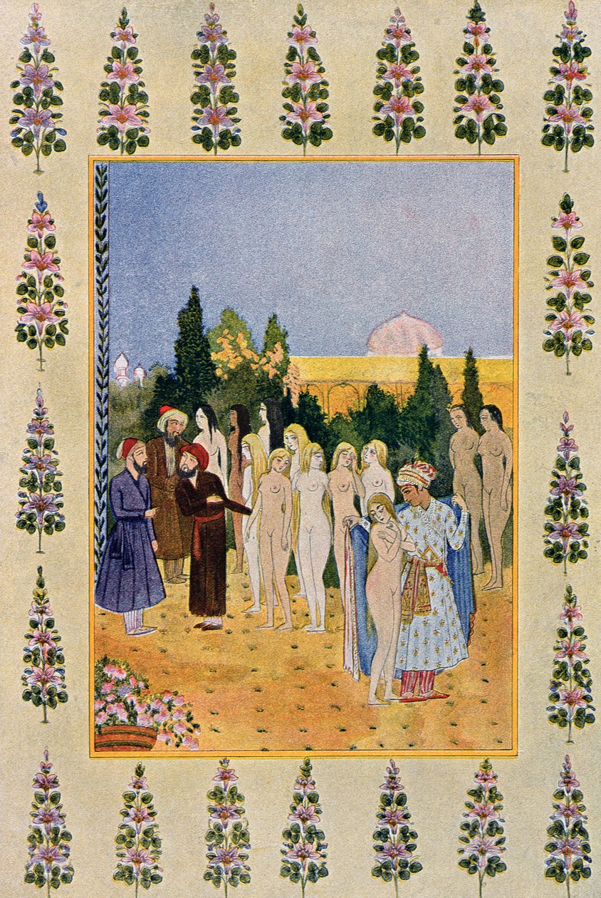 Swoim płaszczem będę chronić jej nagość, ilustracja z „Arabskich nocy”, 1895 (kolor grawerowany) autorstwa French School