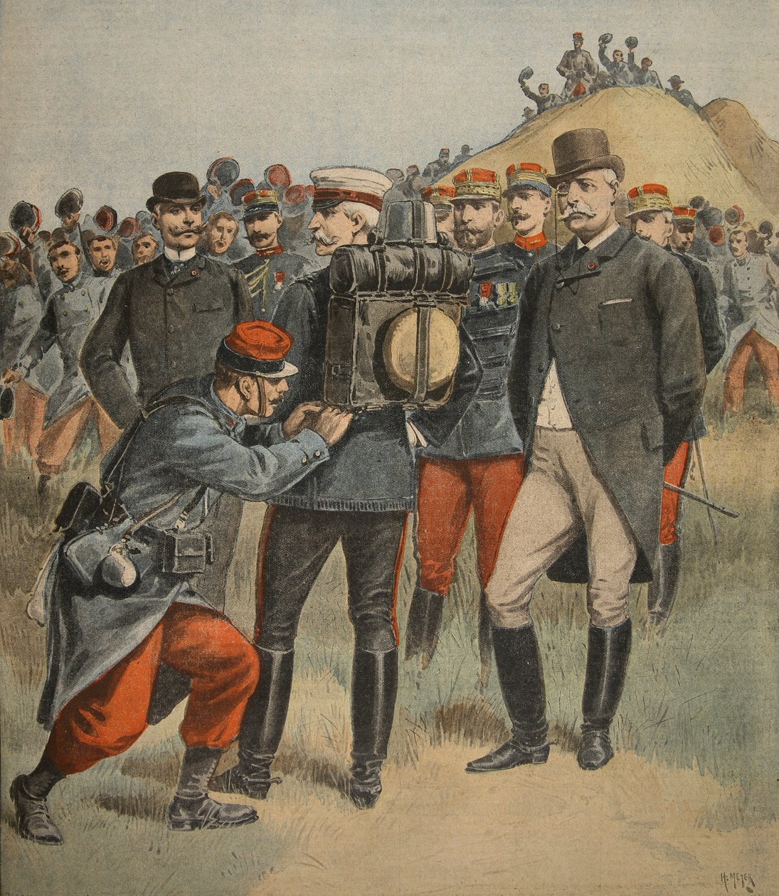 Z manewrami wojskowymi: Książę Connaught testuje torbę żołnierza, ilustracja z Le Petit Journal: Supplement illustre, 2 października 1898 autorstwa French School
