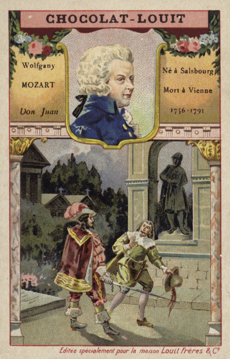 Wolfgang Amadeusz Mozart, austriacki kompozytor, i scena z jego opery Don Juan (chromolitografia) autorstwa French School