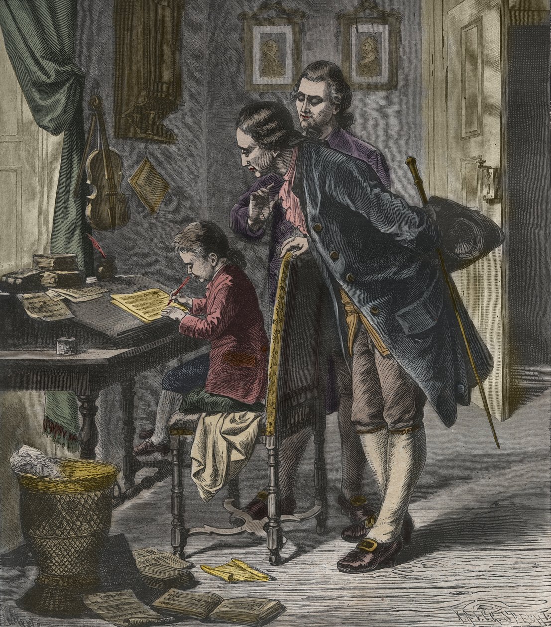Wolfgang Amadeus Mozart piszący koncert w obecności swojego ojca Leopolda, ilustracja z „La Musique Populaire” autorstwa French School