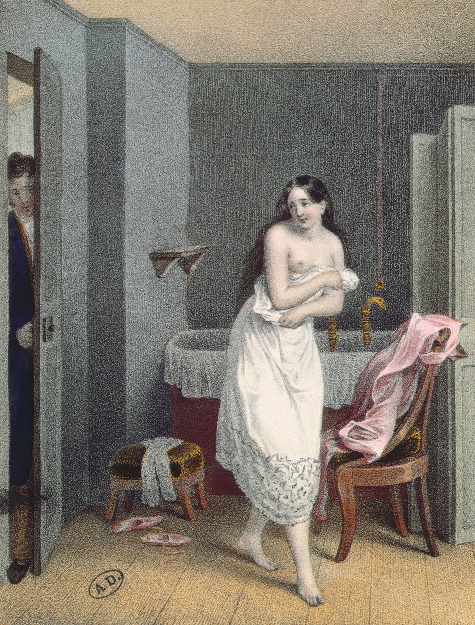 Kobieta wychodząca z kąpieli, ok. 1825 r. autorstwa French School