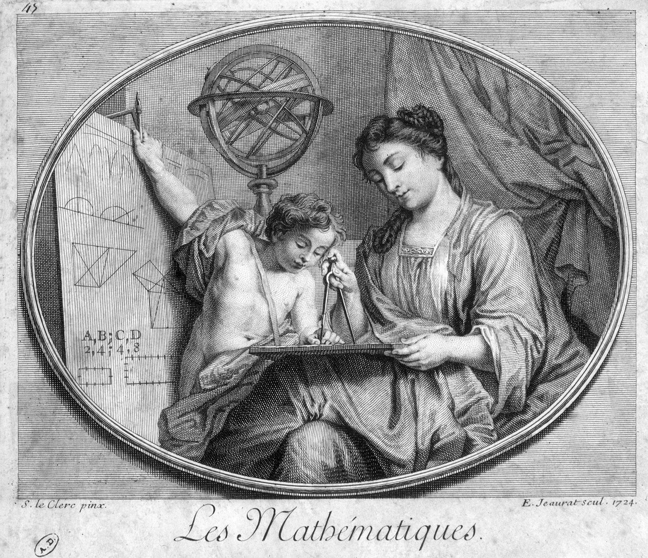 Kobieta i dziecko z kompasem i figurami (alegoria matematyki) - grawer autorstwa French School
