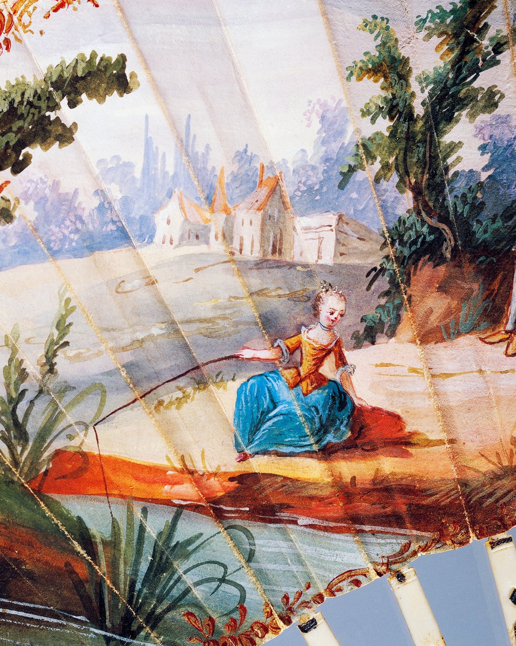 Kobieta łowiąca ryby w rzece, szczegół dwulistnego wachlarza ręcznego malowany ze sceną pasterską, żebra z kości słoniowej i srebra, ok. 1760, przód, Francja autorstwa French School