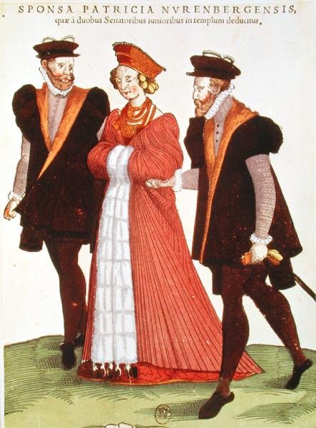 Kobieta z Norymbergi eskortowana do świątyni przez dwóch senatorów, 1572 autorstwa French School