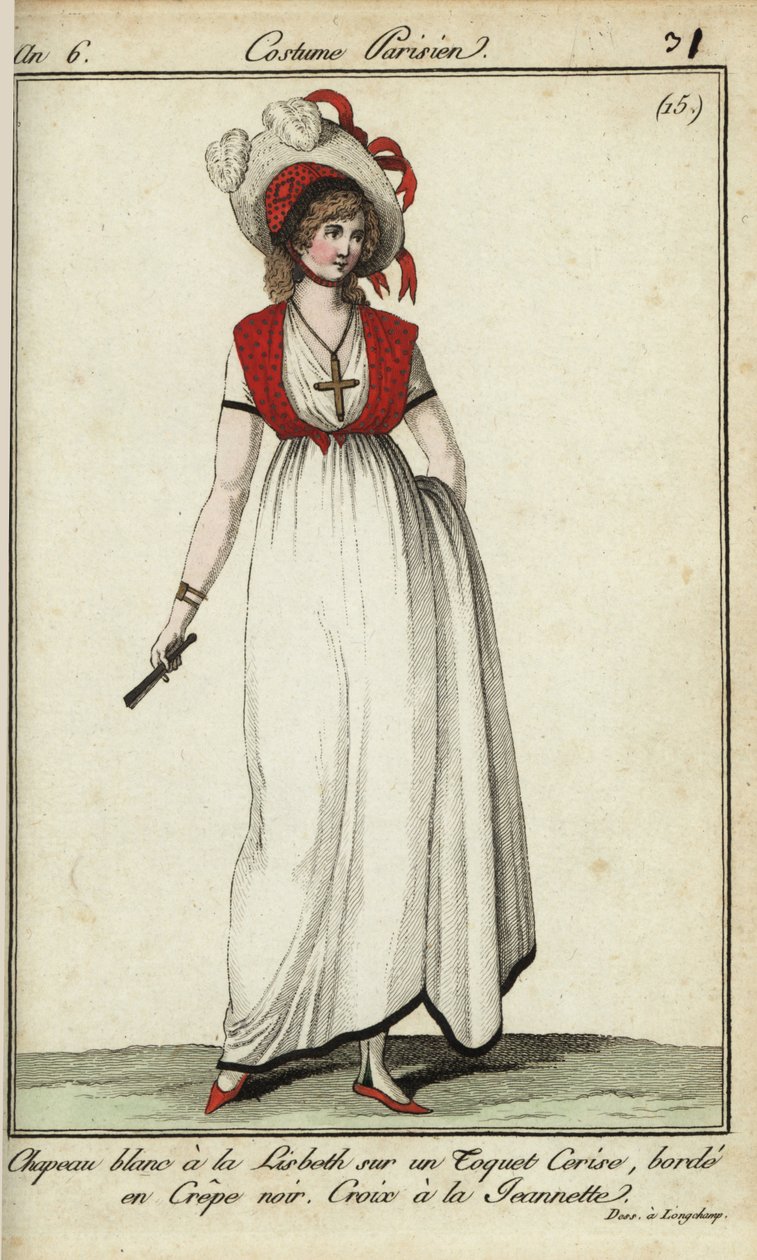 Kobieta w kapeluszu Lisbeth w stylu 1798 (miedzioryt ręcznie kolorowany) autorstwa French School