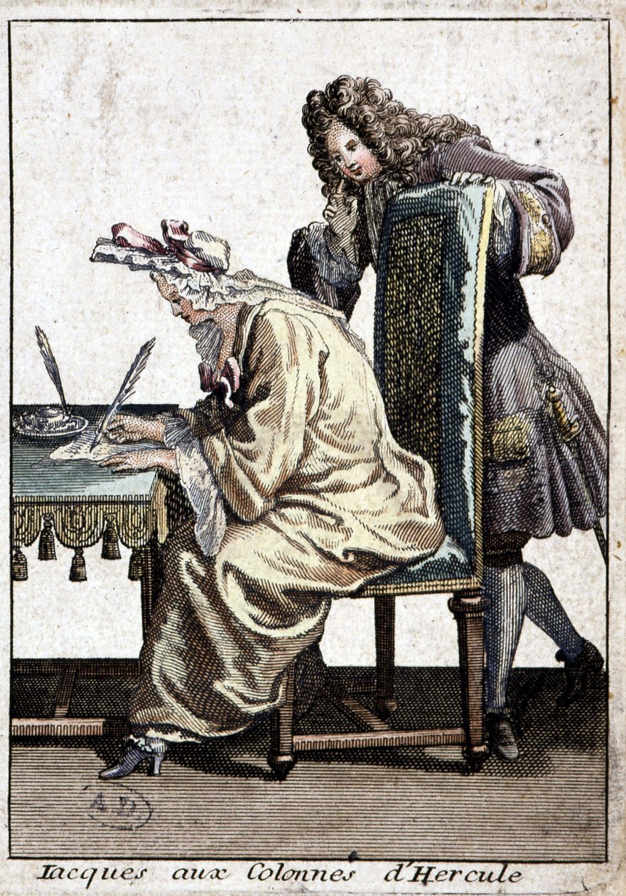 Kobieta w koszuli i szlafmycy pisząca list z mężczyzną, b.d. w. 1715. autorstwa French School