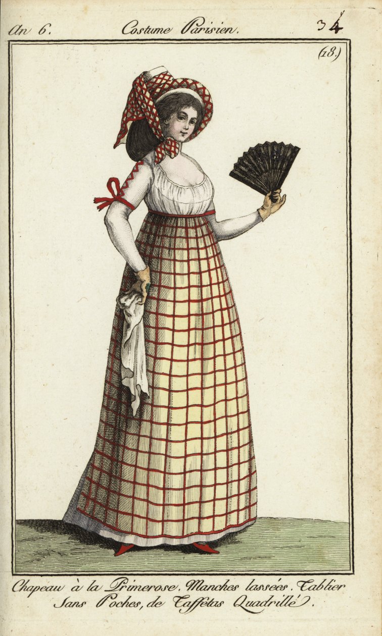 Kobieta w stroju Primerose z 1798 r. (miedzioryt ręcznie kolorowany) autorstwa French School