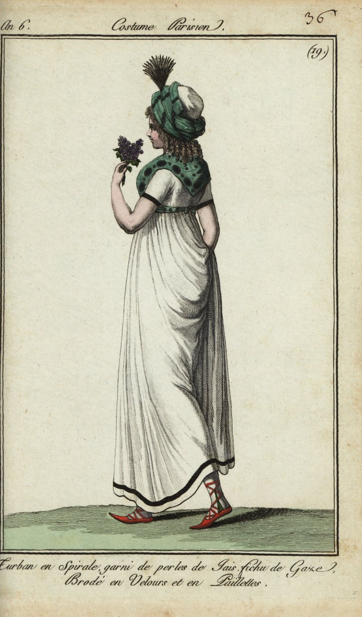 Kobieta w modzie 1798 (miedzioryt ręcznie kolorowany) autorstwa French School