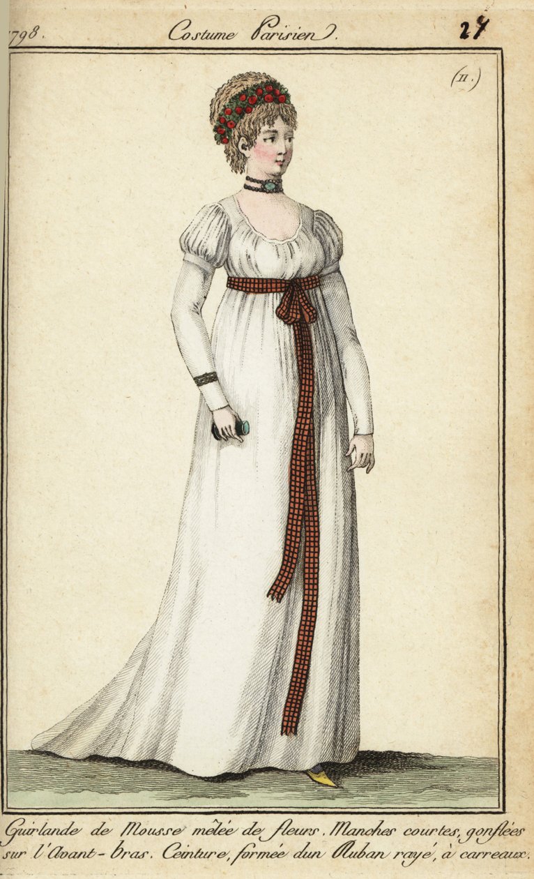 Kobieta w modzie 1798 z krótkimi włosami pod girlandą (ręcznie barwiony miedzioryt) autorstwa French School