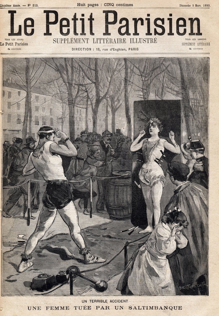 Kobieta zabita przez przypadek podczas pokazu saltibanku na ulicy Place des Quinconces w Bordeaux. Jedna z gazet „Le petit Parisien”” z dnia 5.03.1893 (rycina) autorstwa French School