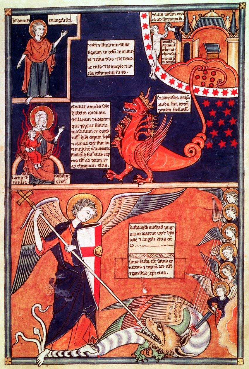 Kobieta apokalipsy zaatakowana przez siedmiogłowego smoka i św. Michał zabijający smoka, z Liber Floridus Lamberta de Saint-Omer, c.1120 autorstwa French School