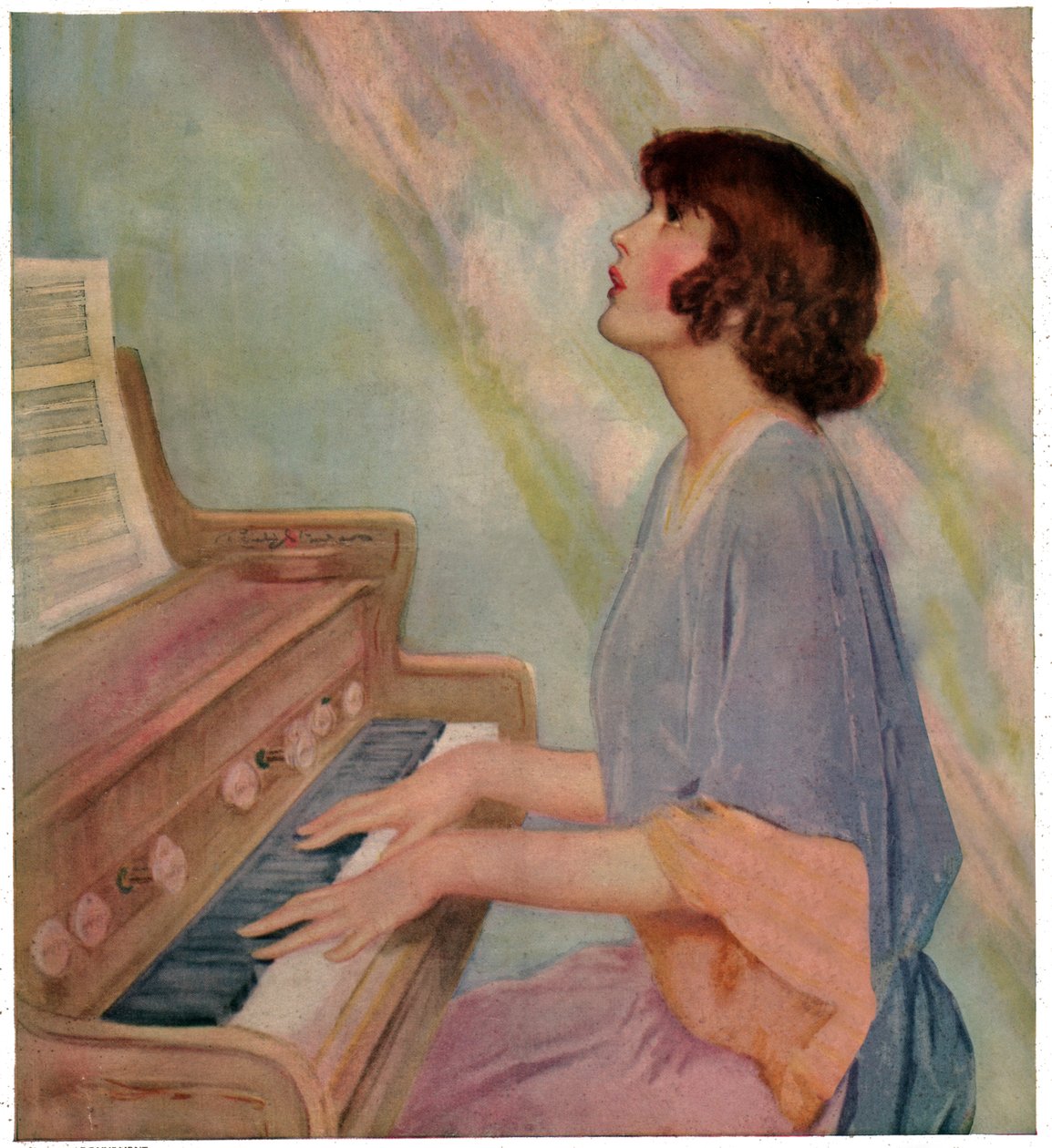 Kobieta grająca na organach. 1924 (grawerowanie) autorstwa French School