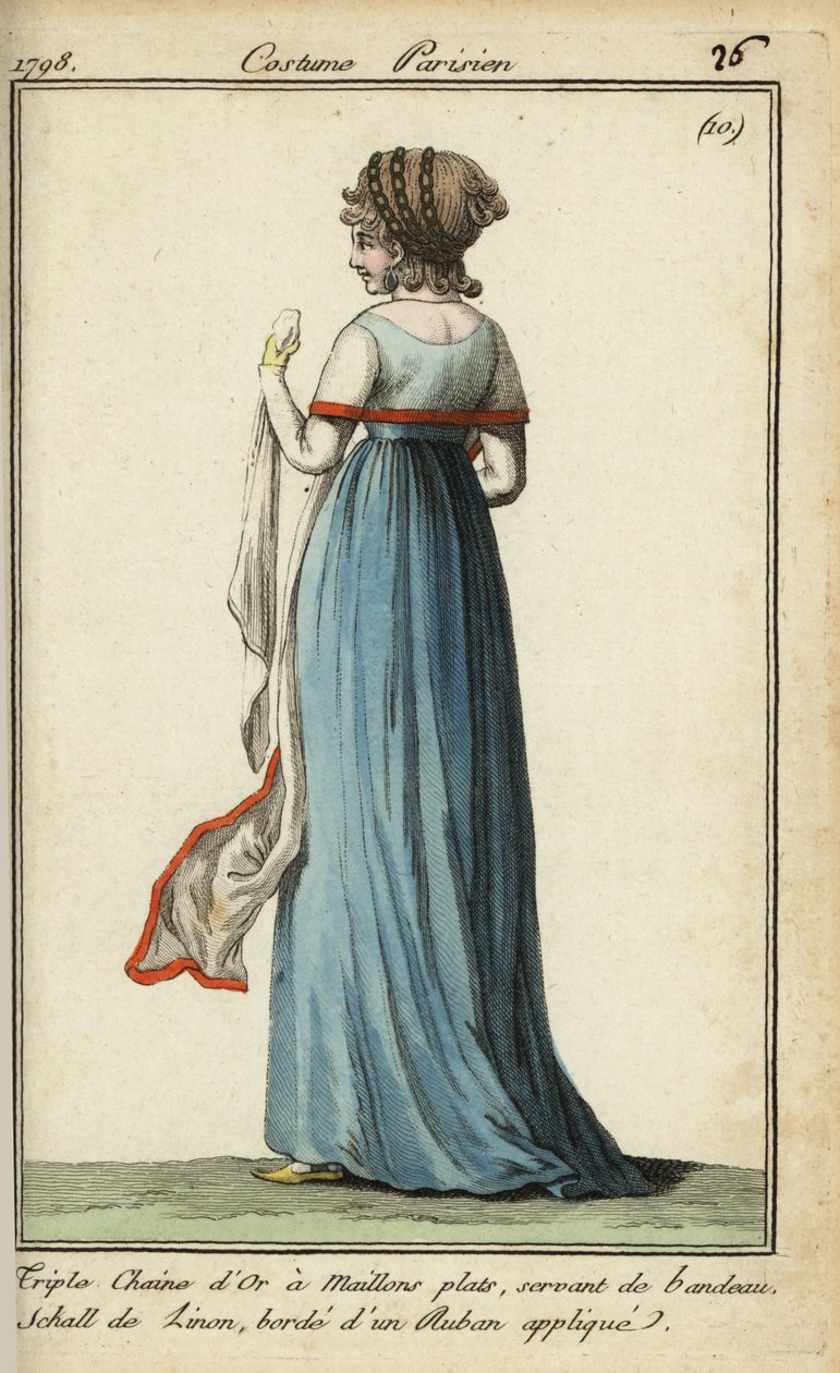 Kobieta w prześwitującym szalu w stylu 1798 (miedzioryt ręcznie kolorowany) autorstwa French School