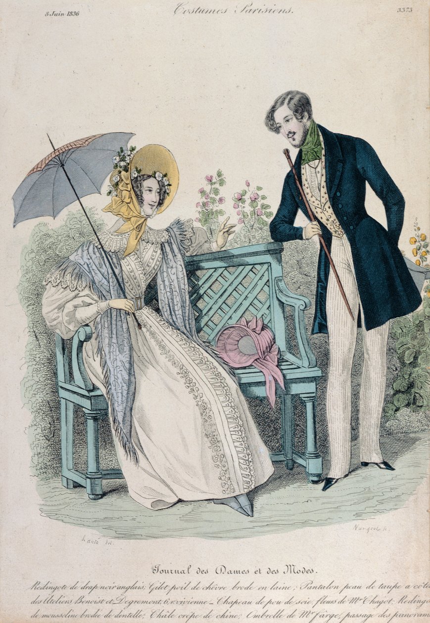 Kobieta z parasolem i mężczyzna w surducie w ogrodzie, tabliczka z modą z Journal des Dames et des Modes, 5 czerwca 1836 autorstwa French School