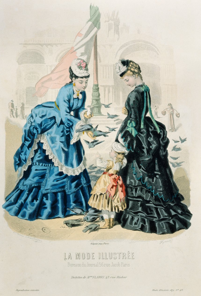Kobiety i dziecko karmiące gołębie, z La Mode Illustrée, 1872 autorstwa French School