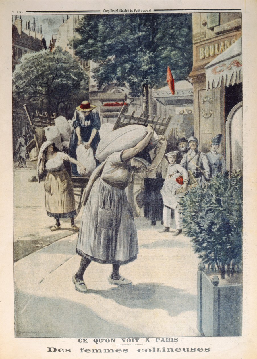 Kobiety niosące worki z mąką podczas I wojny światowej w Paryżu, ilustracja z Le Petit Journal, 8 lipca 1917 autorstwa French School
