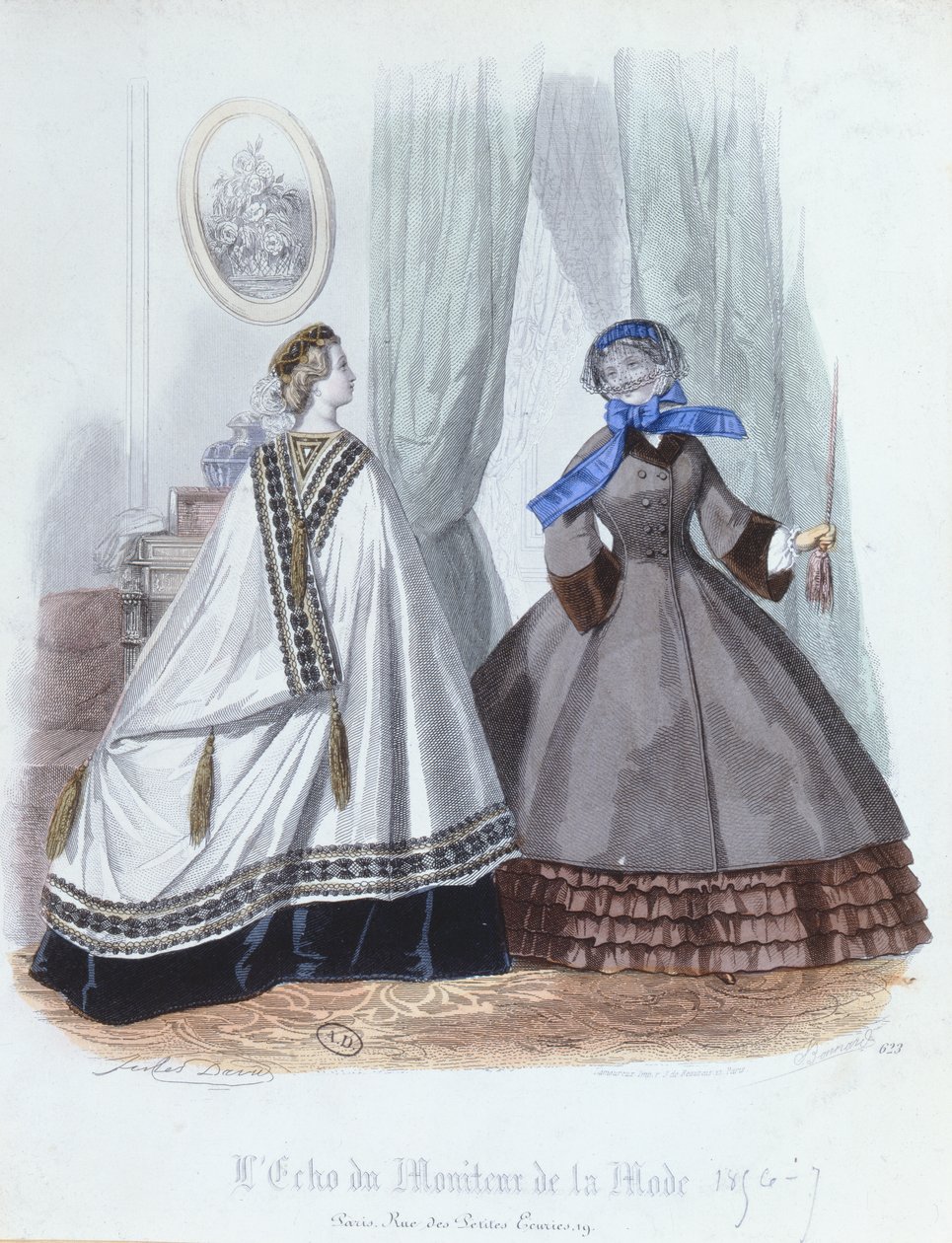 Kobiety w pelerynie i płaszczu, modny talerz z LEcho du Moniteur de la Mode, 1856-7 autorstwa French School